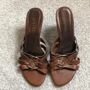 Leather wedge wood heel slide sandals